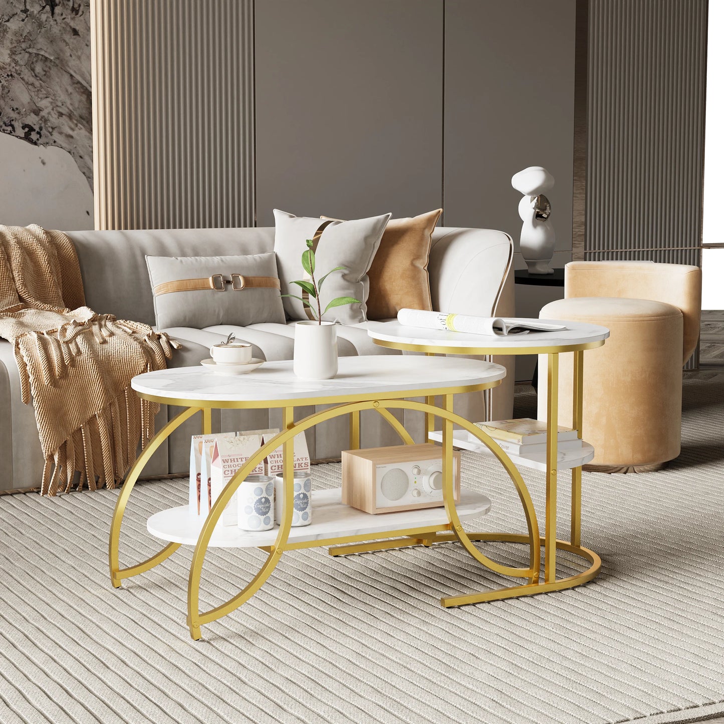 Anajqaqia Round Coffee Table set of 2, Modern Sofa Table, Side Table with Metal Frame, Marble Texture Design, for Living Room