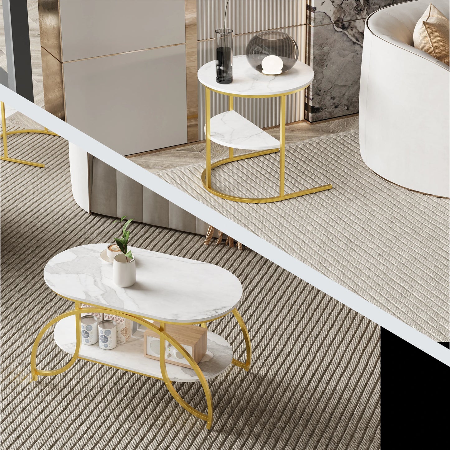 Anajqaqia Round Coffee Table set of 2, Modern Sofa Table, Side Table with Metal Frame, Marble Texture Design, for Living Room