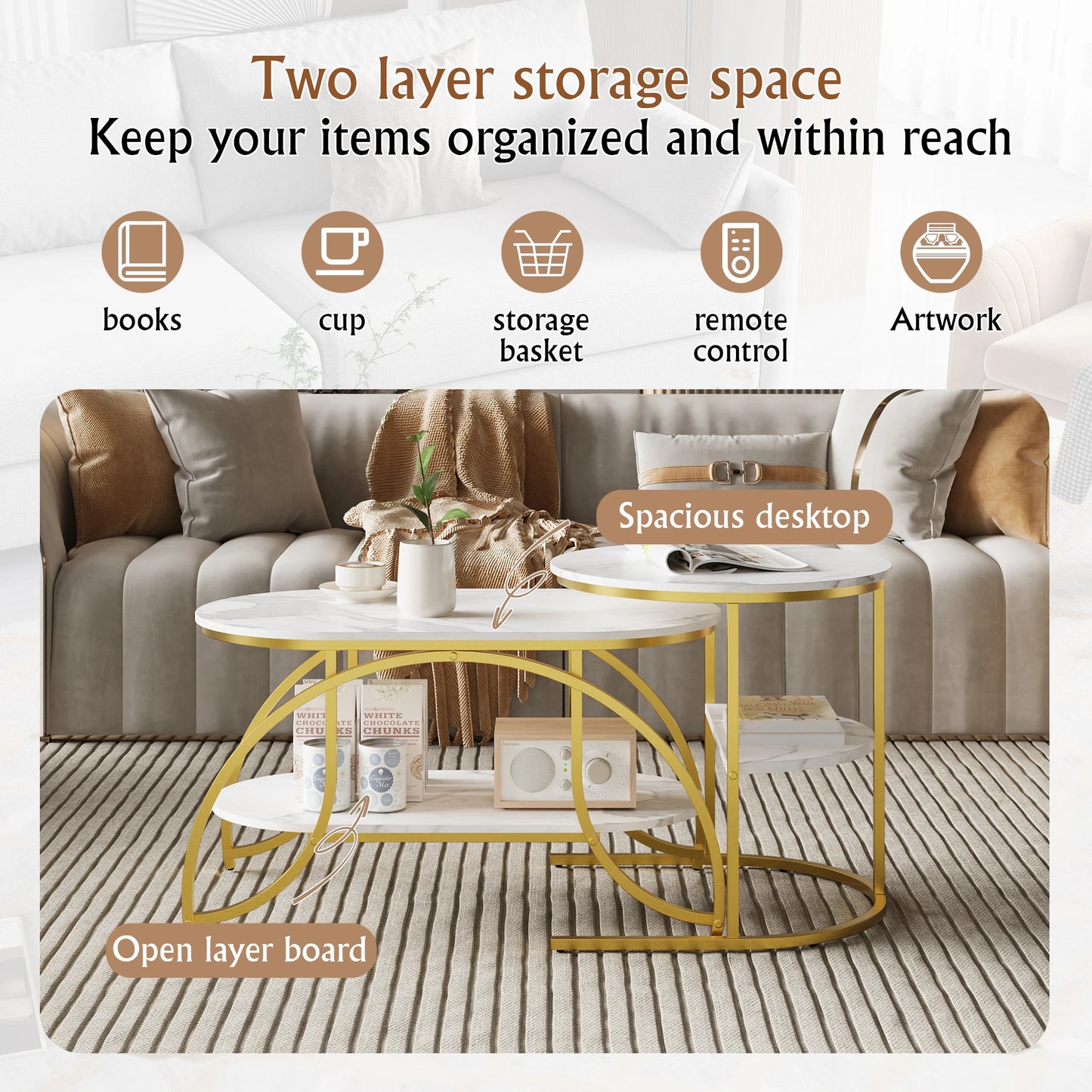 Anajqaqia Round Coffee Table set of 2, Modern Sofa Table, Side Table with Metal Frame, Marble Texture Design, for Living Room