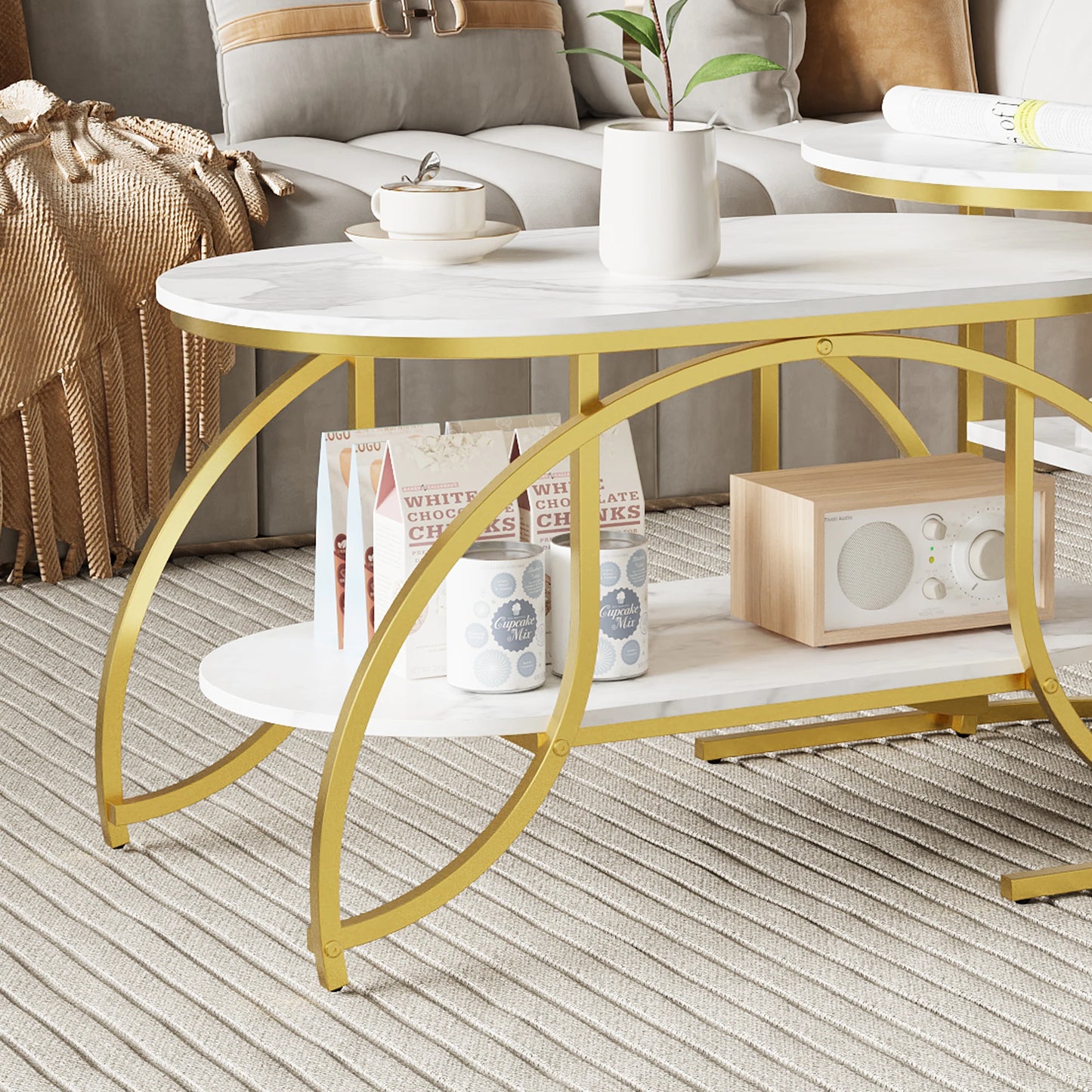 Anajqaqia Round Coffee Table set of 2, Modern Sofa Table, Side Table with Metal Frame, Marble Texture Design, for Living Room