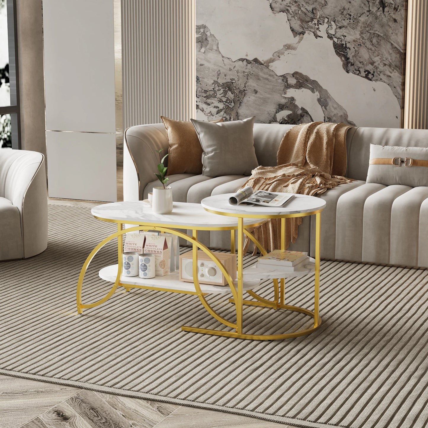 Anajqaqia Round Coffee Table set of 2, Modern Sofa Table, Side Table with Metal Frame, Marble Texture Design, for Living Room