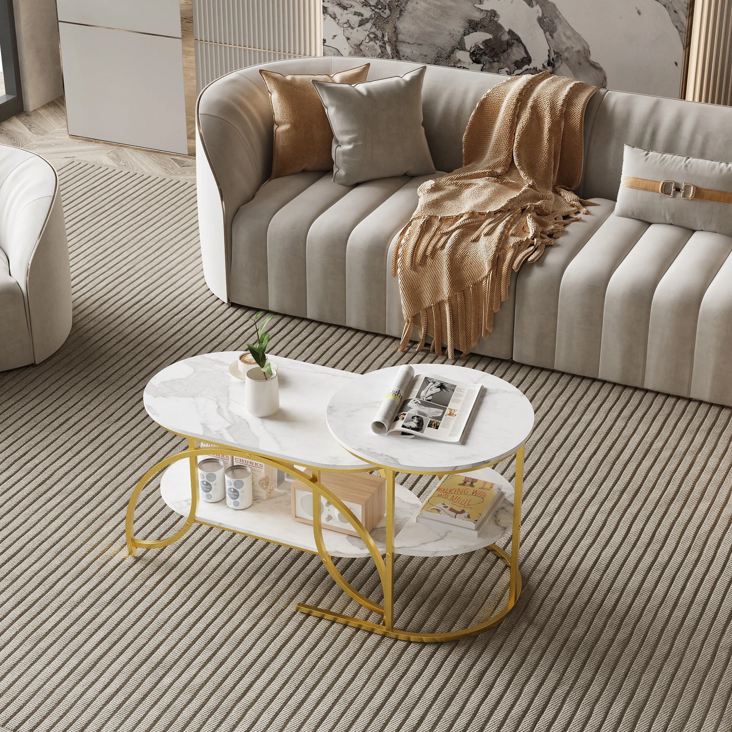 Anajqaqia Round Coffee Table set of 2, Modern Sofa Table, Side Table with Metal Frame, Marble Texture Design, for Living Room