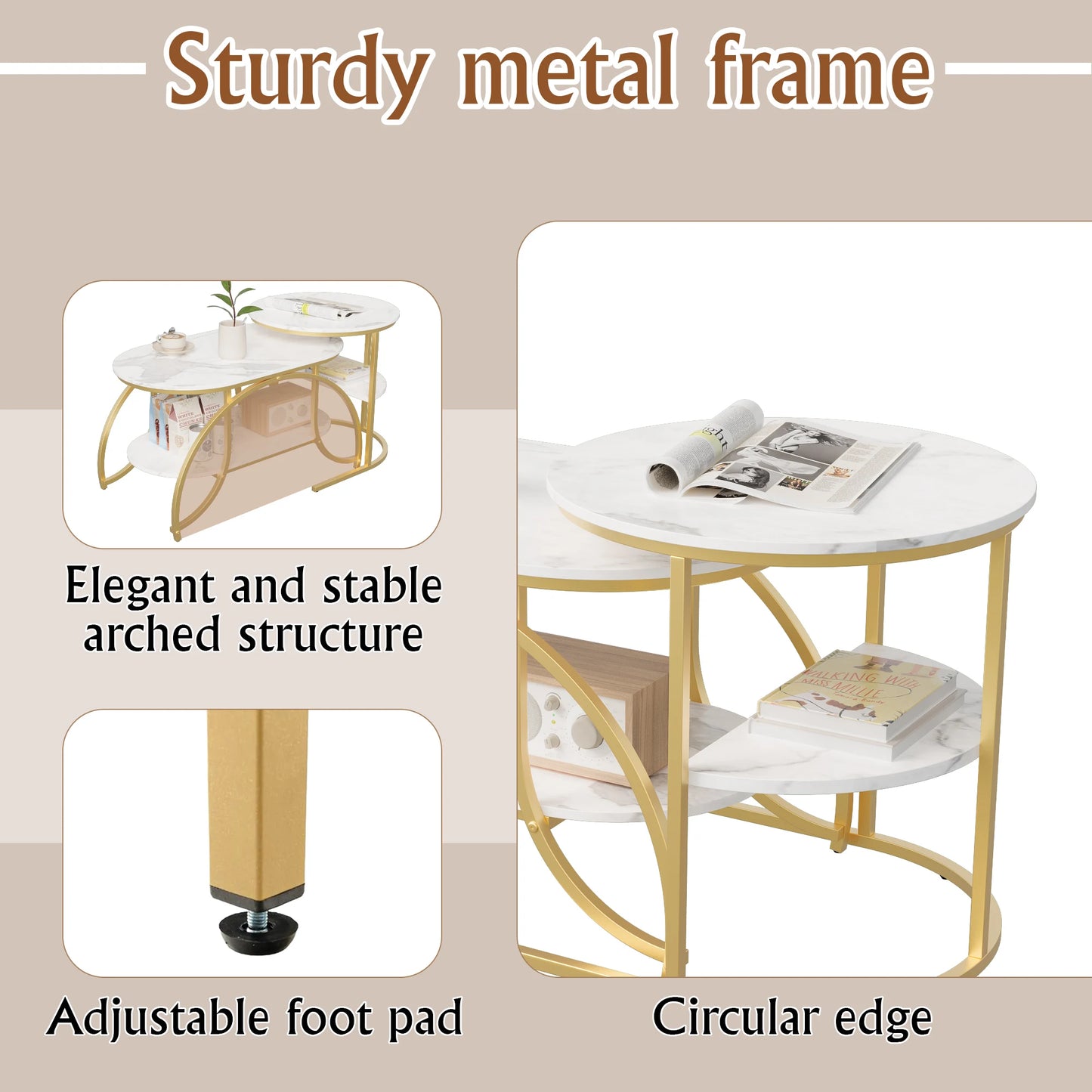 Anajqaqia Round Coffee Table set of 2, Modern Sofa Table, Side Table with Metal Frame, Marble Texture Design, for Living Room