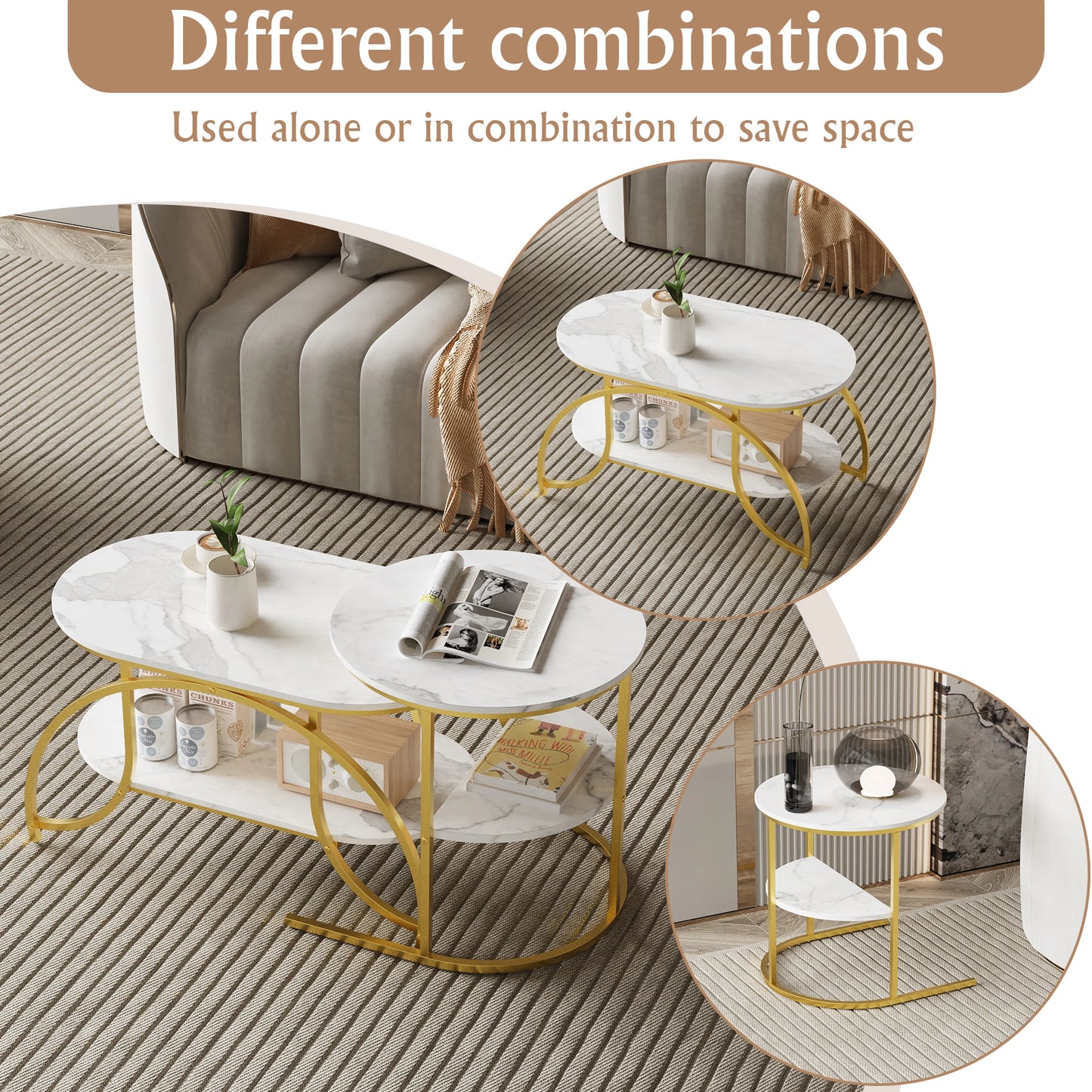 Anajqaqia Round Coffee Table set of 2, Modern Sofa Table, Side Table with Metal Frame, Marble Texture Design, for Living Room