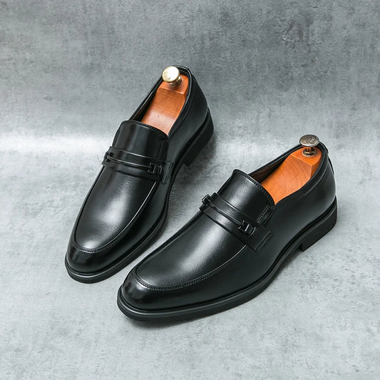 Classical Fashion Pure Color Pointed Dress Shoes Genuine Leather Slip-on Big Size Real Men Leather Shoes