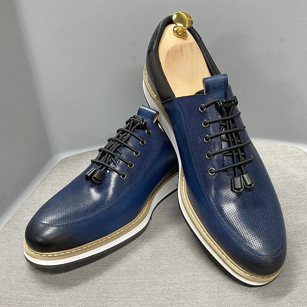 Men's Casual Fashion Shoes 2022 High-Quality Genuine Leather Lace-Up Luxury Sneakers Blue/Black Breathable Flat Oxfords