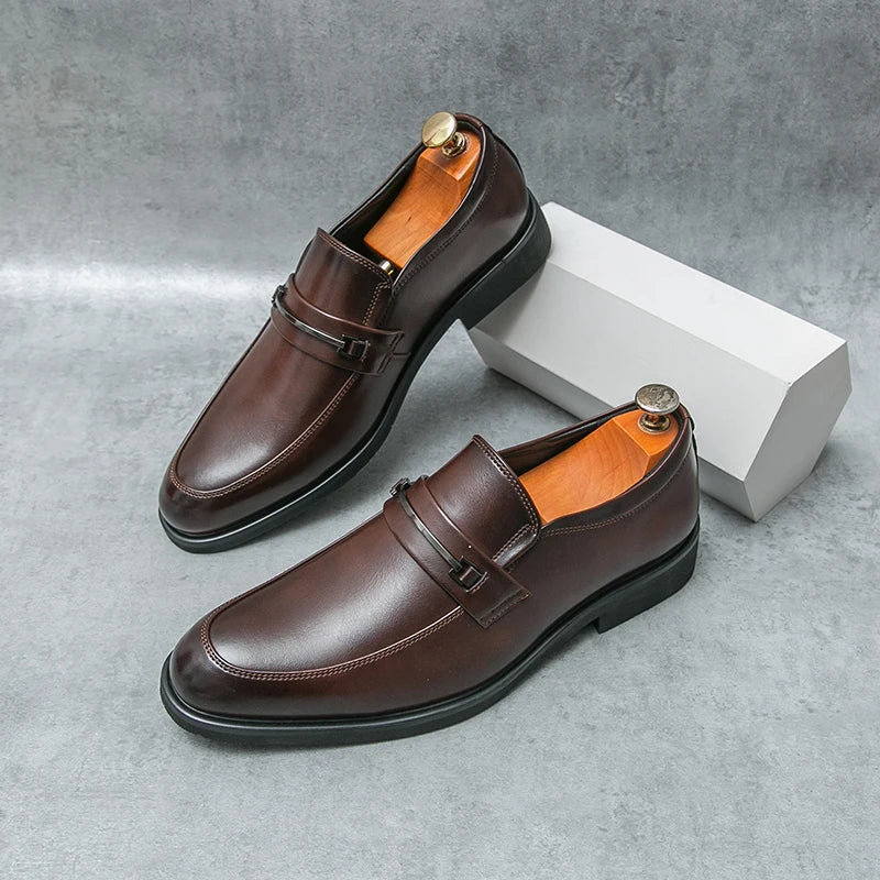 Classical Fashion Pure Color Pointed Dress Shoes Genuine Leather Slip-on Big Size Real Men Leather Shoes