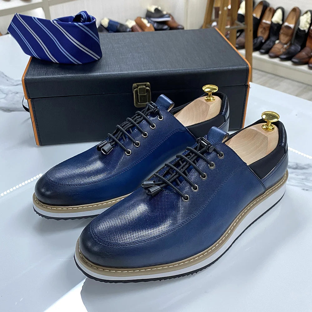 Men's Casual Fashion Shoes 2022 High-Quality Genuine Leather Lace-Up Luxury Sneakers Blue/Black Breathable Flat Oxfords