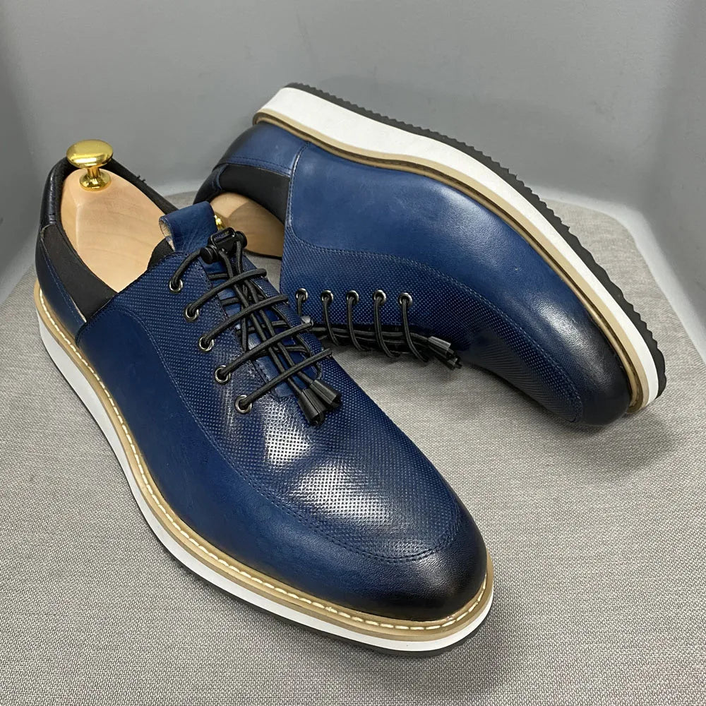 Men's Casual Fashion Shoes 2022 High-Quality Genuine Leather Lace-Up Luxury Sneakers Blue/Black Breathable Flat Oxfords