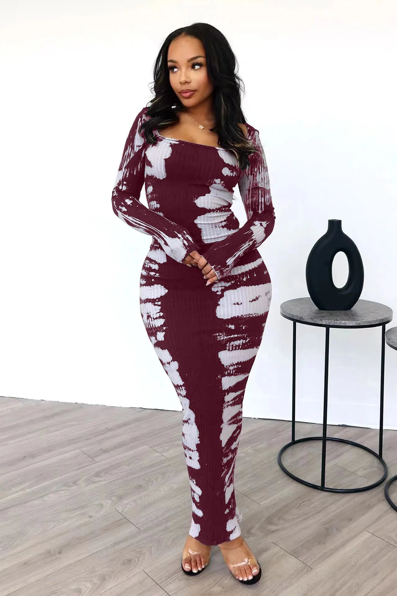2024 Spring Women Clothing Boutique Bodycon Elastic Printed Elegant Dress Long Sleeve Casual Maxi Dresses