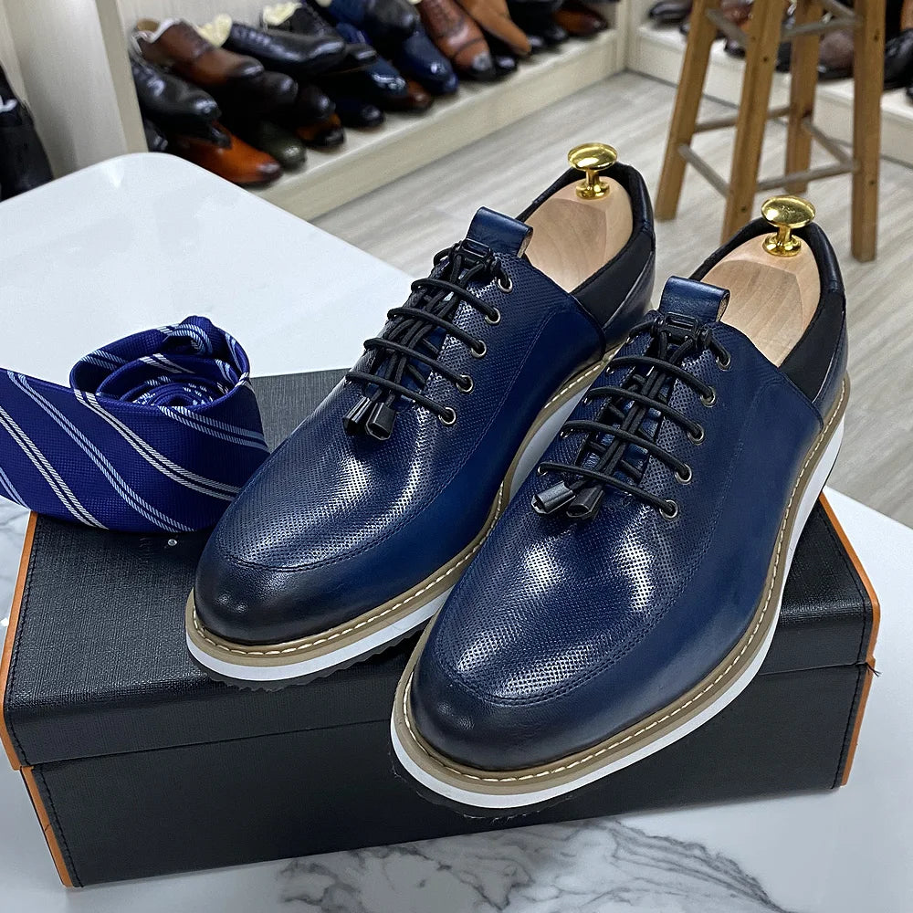 Men's Casual Fashion Shoes 2022 High-Quality Genuine Leather Lace-Up Luxury Sneakers Blue/Black Breathable Flat Oxfords