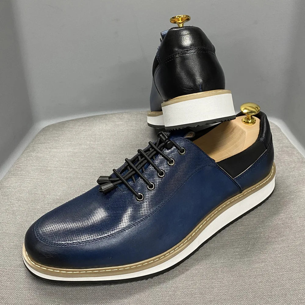 Men's Casual Fashion Shoes 2022 High-Quality Genuine Leather Lace-Up Luxury Sneakers Blue/Black Breathable Flat Oxfords