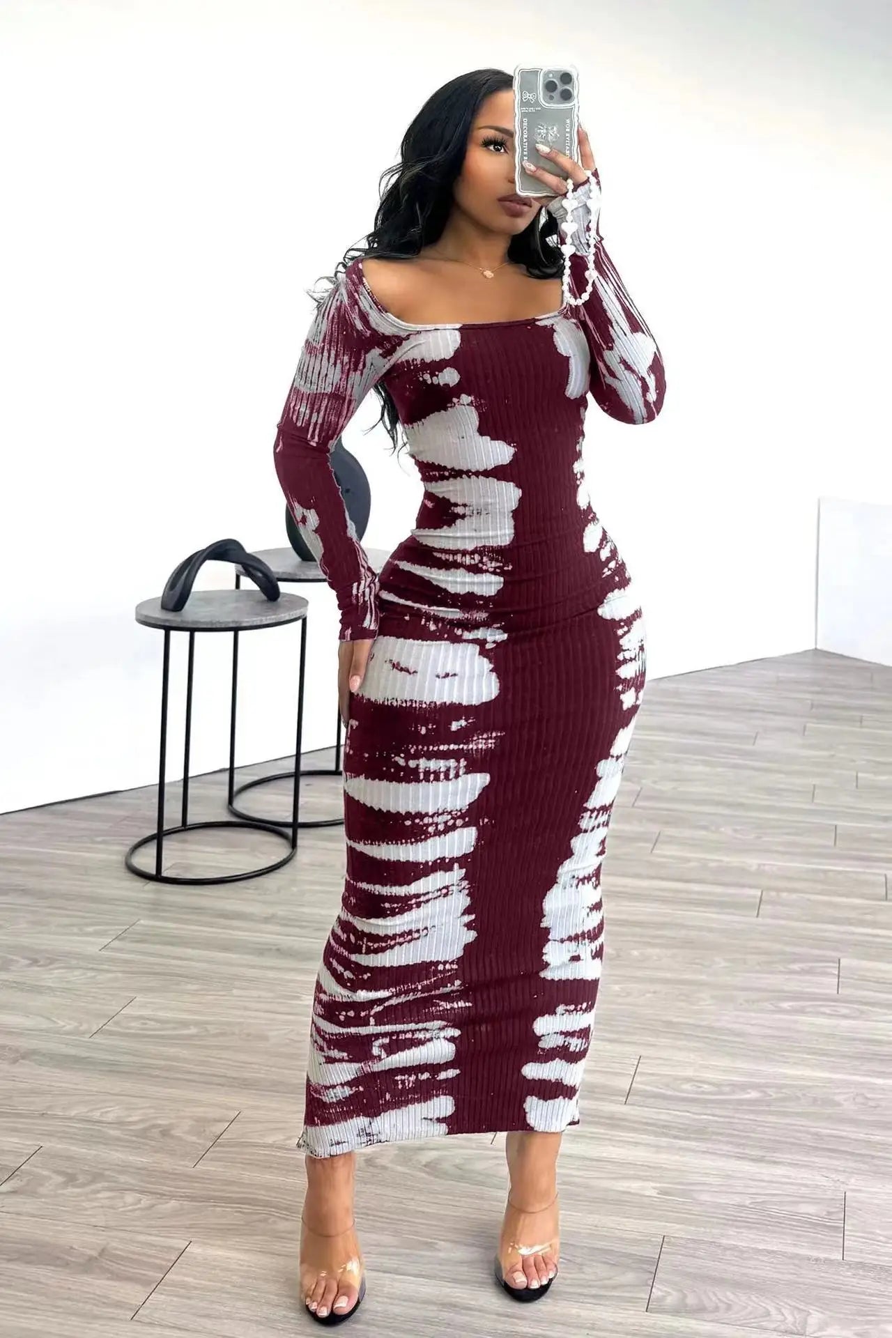 2024 Spring Women Clothing Boutique Bodycon Elastic Printed Elegant Dress Long Sleeve Casual Maxi Dresses