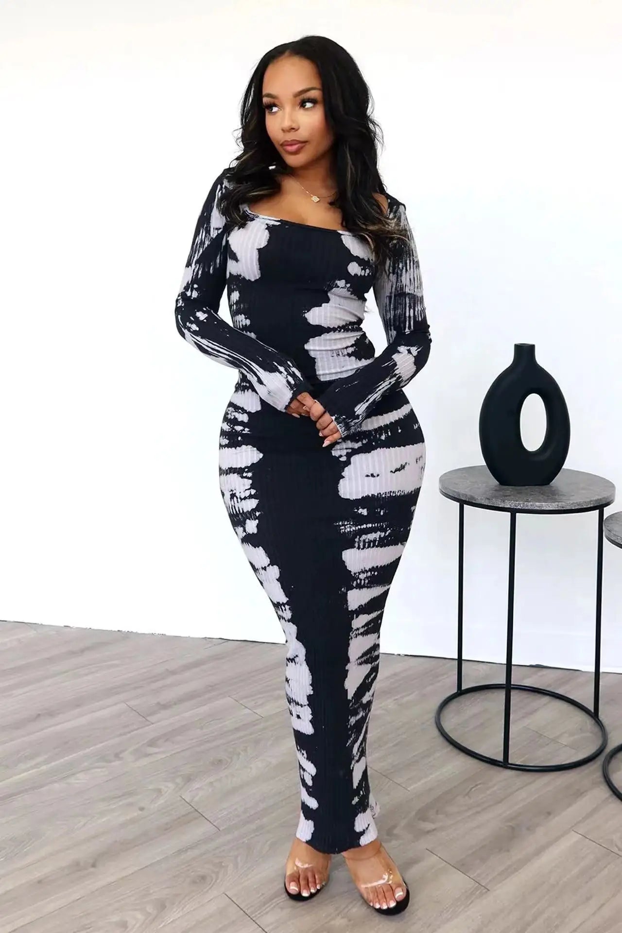 2024 Spring Women Clothing Boutique Bodycon Elastic Printed Elegant Dress Long Sleeve Casual Maxi Dresses