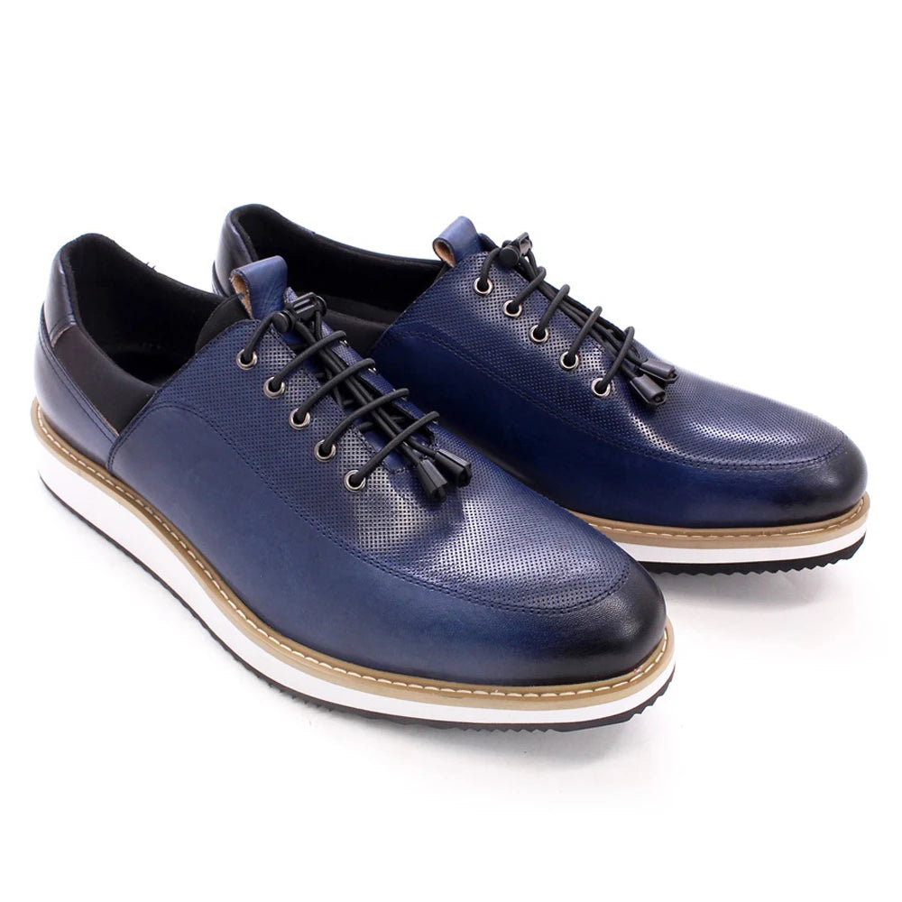 Men's Casual Fashion Shoes 2022 High-Quality Genuine Leather Lace-Up Luxury Sneakers Blue/Black Breathable Flat Oxfords
