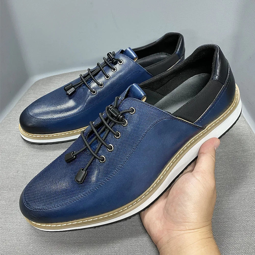 Men's Casual Fashion Shoes 2022 High-Quality Genuine Leather Lace-Up Luxury Sneakers Blue/Black Breathable Flat Oxfords