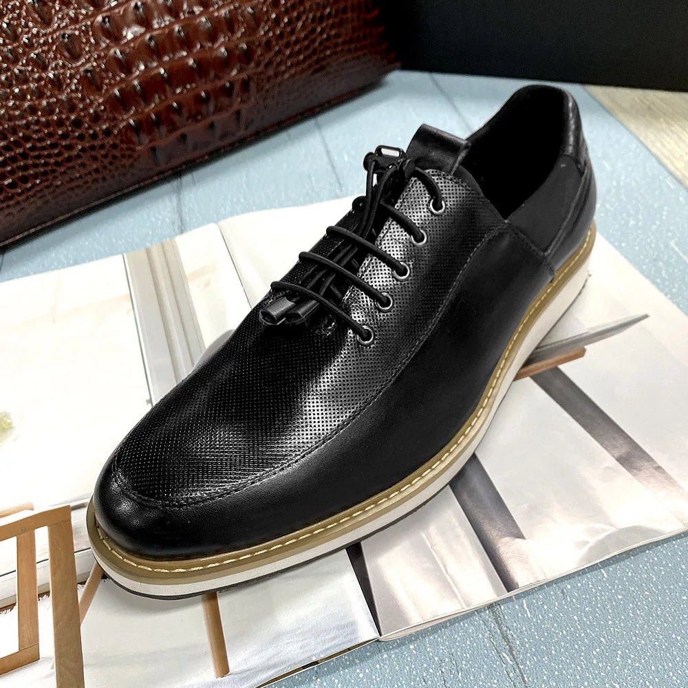 Men's Casual Fashion Shoes 2022 High-Quality Genuine Leather Lace-Up Luxury Sneakers Blue/Black Breathable Flat Oxfords