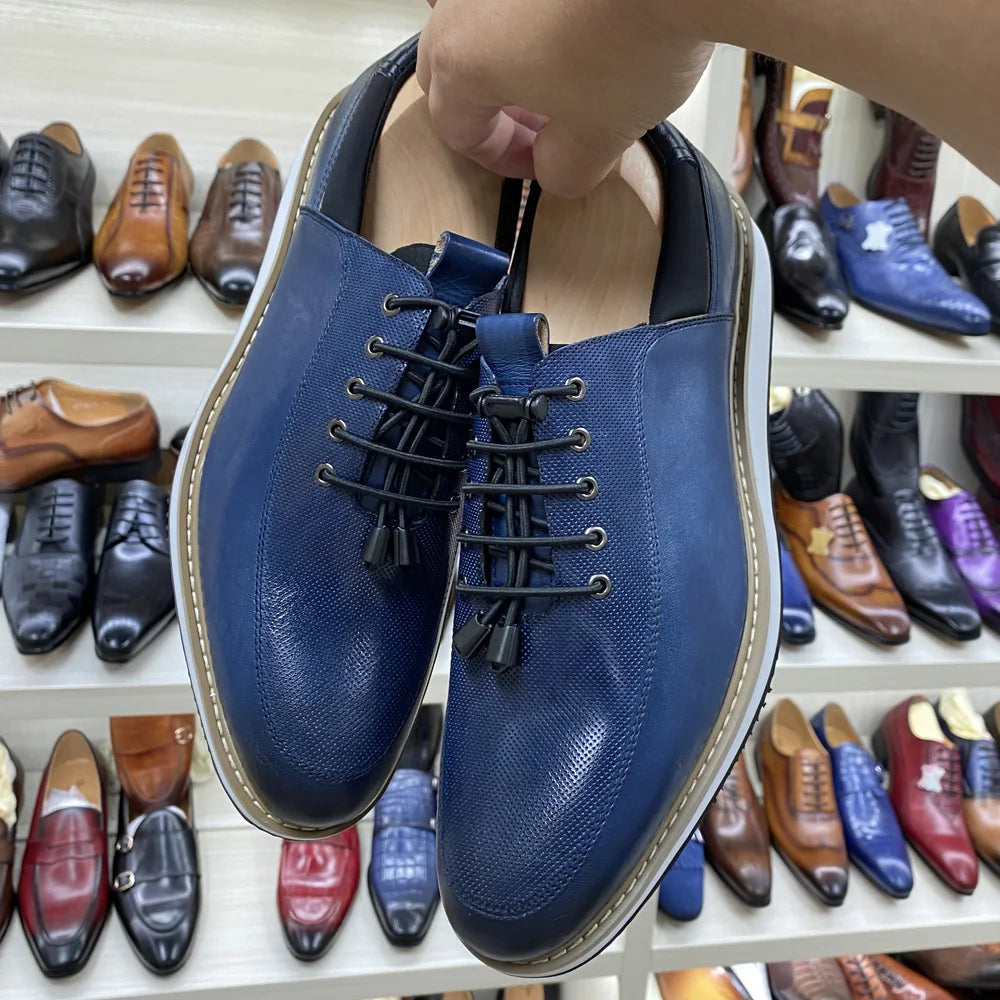 Men's Casual Fashion Shoes 2022 High-Quality Genuine Leather Lace-Up Luxury Sneakers Blue/Black Breathable Flat Oxfords