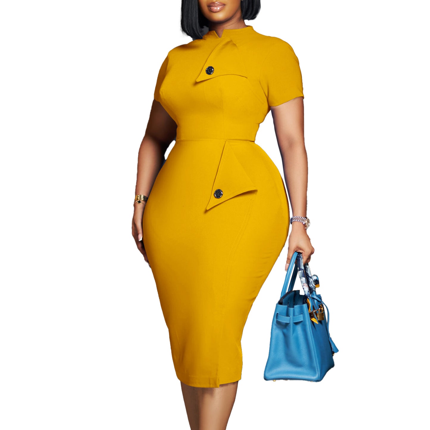 D515 Cross-border Women's Clothing Amazon Fashion Temperament OL Tongle Pencil Short-sleeved Half-high Neck Hip Foreign Trade dress