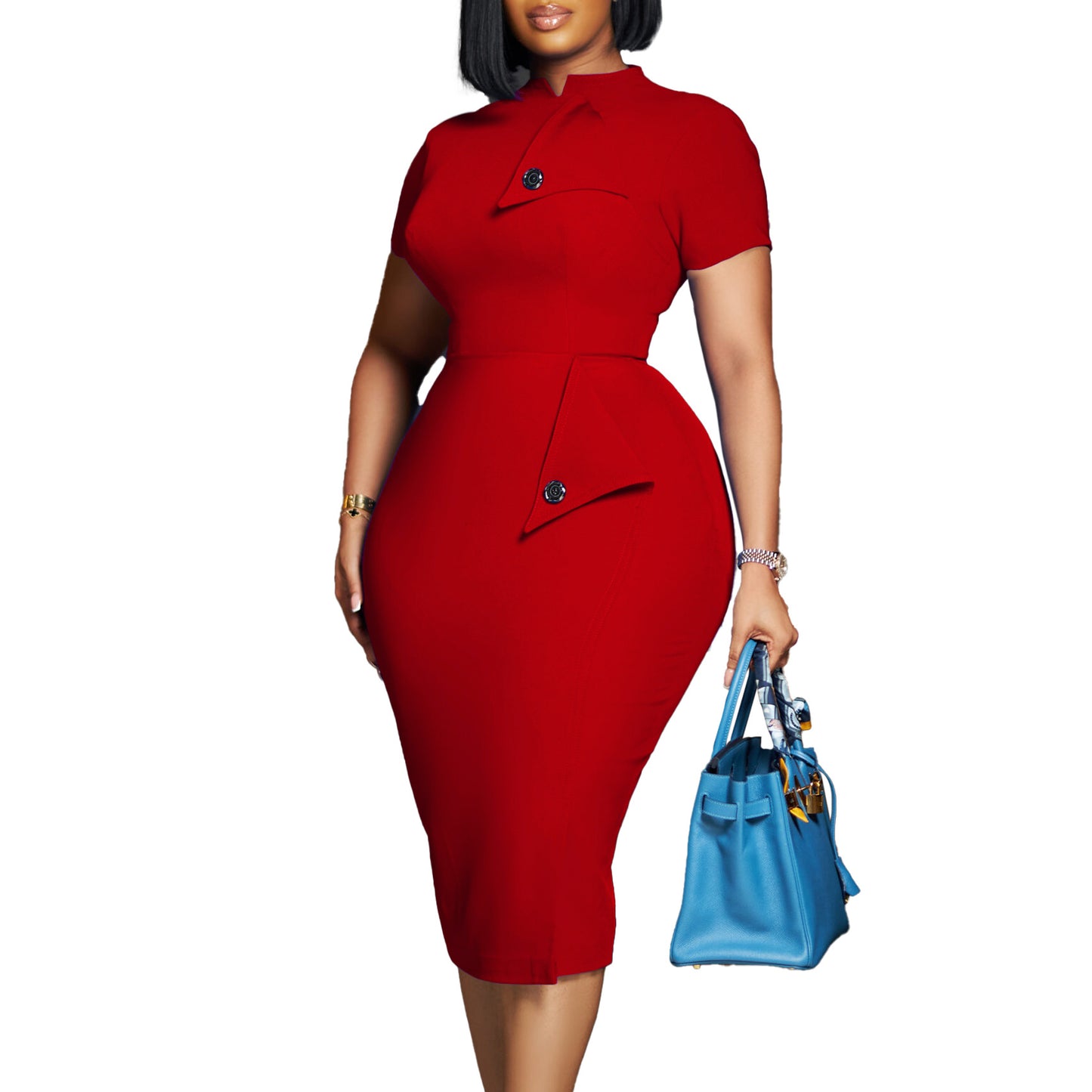 D515 Cross-border Women's Clothing Amazon Fashion Temperament OL Tongle Pencil Short-sleeved Half-high Neck Hip Foreign Trade dress