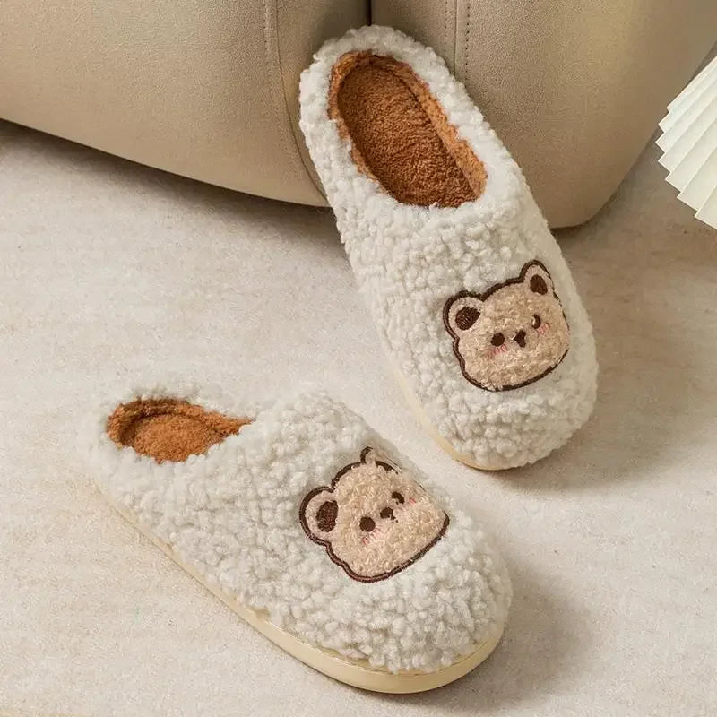 New Women Home Slippers Men Furry Indoor Bedroom Flats Warm Plush Couples Cute Cartoon Bear Winter Floor Slides Non-slip Shoes