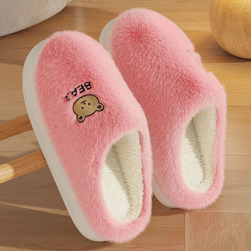 New Women Home Slippers Men Furry Indoor Bedroom Flats Warm Plush Couples Cute Cartoon Bear Winter Floor Slides Non-slip Shoes