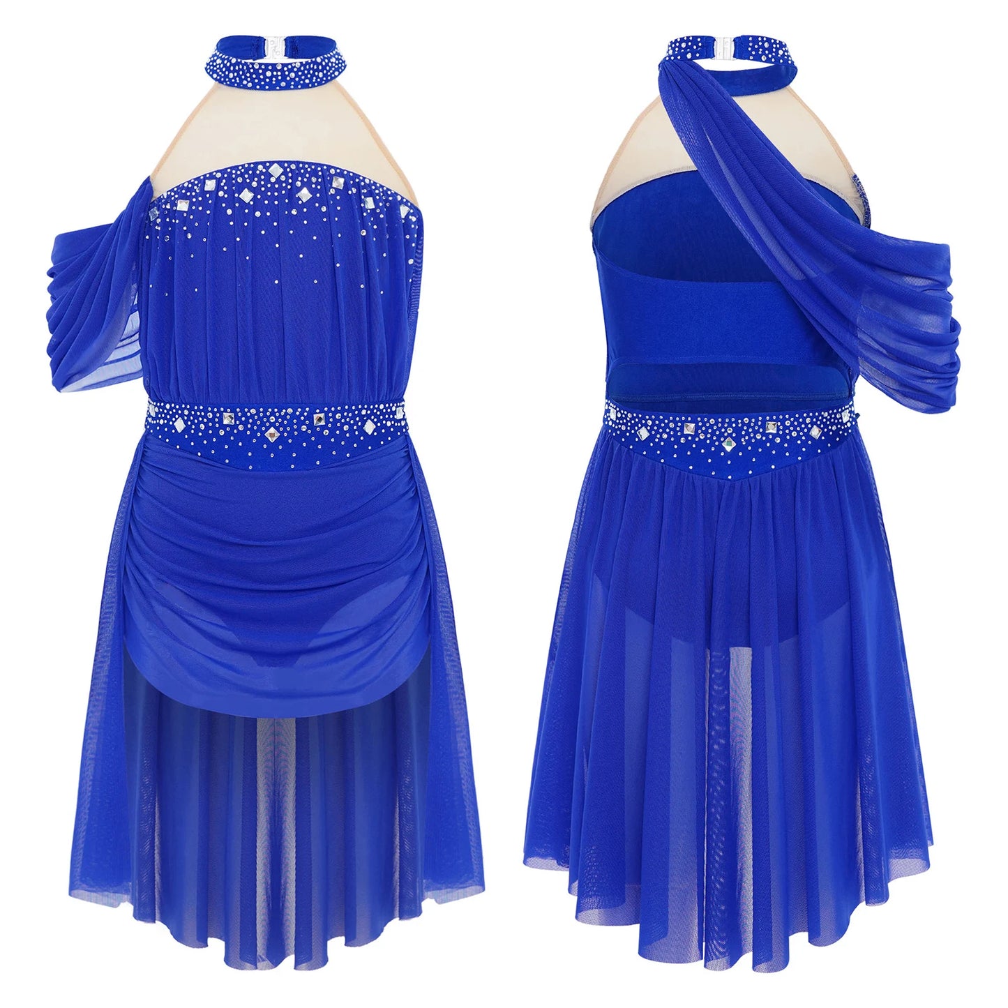Kids Girls Lyrical Dance Leotard Dress Halter Backless Cutout Back Shiny Rhinestones Ruched Mesh Drape Dresses Modern Dancewear