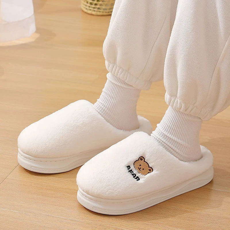 New Women Home Slippers Men Furry Indoor Bedroom Flats Warm Plush Couples Cute Cartoon Bear Winter Floor Slides Non-slip Shoes