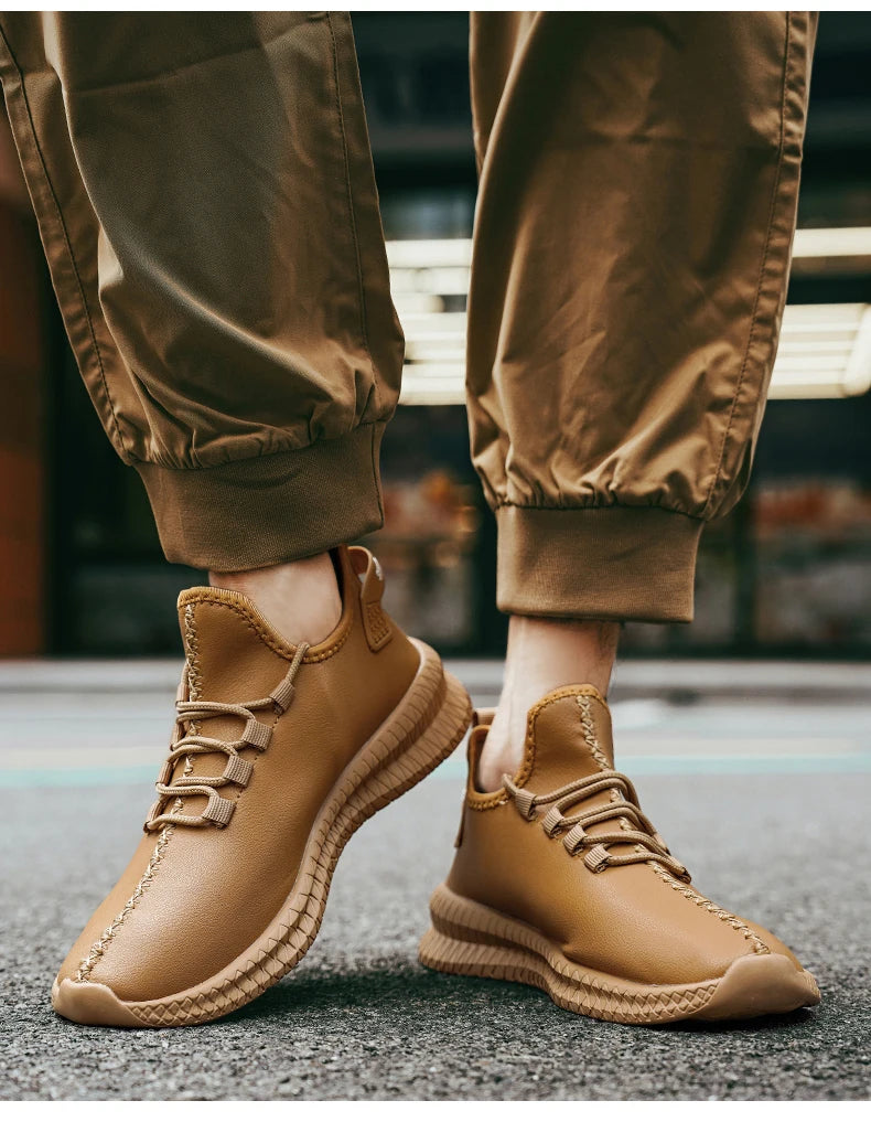 HKDQ New Men Casual Sneakers Waterproof Non Slip Outdoor Sneakers Male Artificial Leather Lace Up Low Top Lightweight Footwear