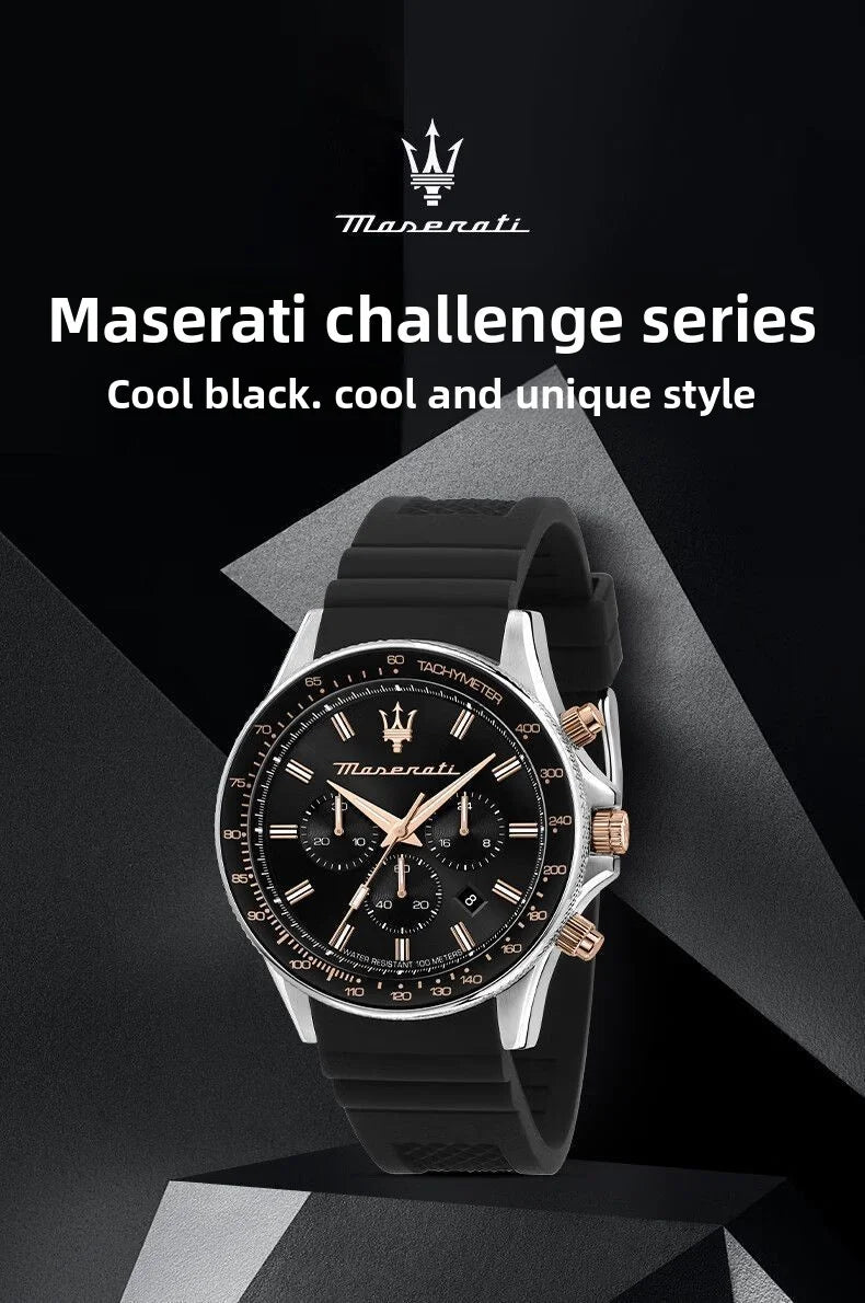 Original gold Maserati men's watch sports leisure luxury Shi Ying Europe and America large dial black silicone watch.