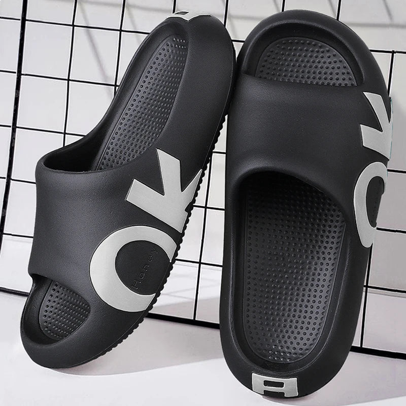 Men's sandals and slippers, printed with letters, casual and fashionable anti slip open toe thick sole slippers, suitable for in