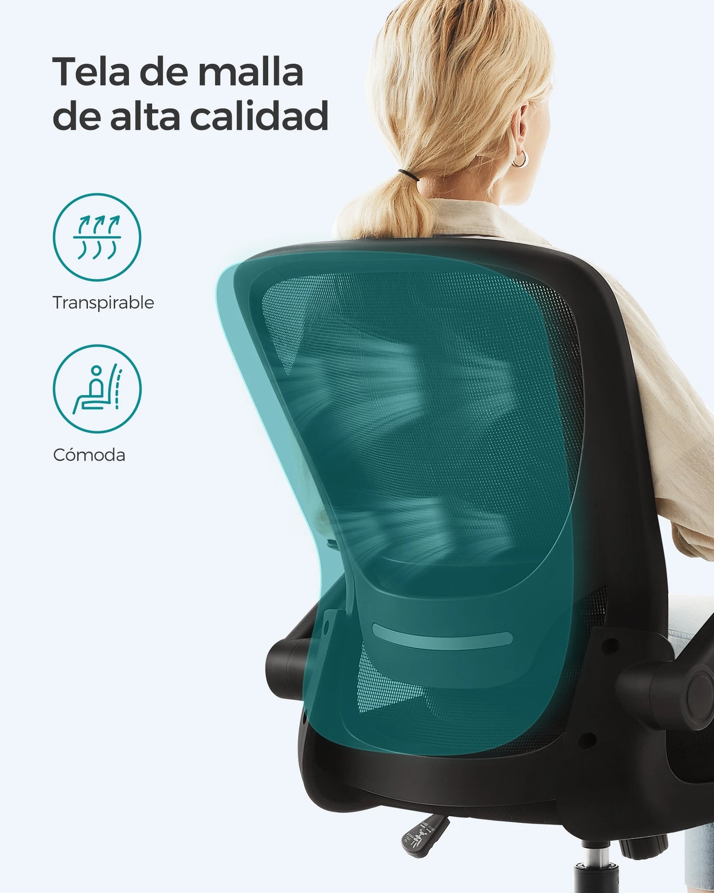 SONGMICS Office Chair, Mesh Desk Chair, Ergonomic Computer Chair, Lumbar Support, Rocking, Seat Width 53 cm, Flip-Up Armrests