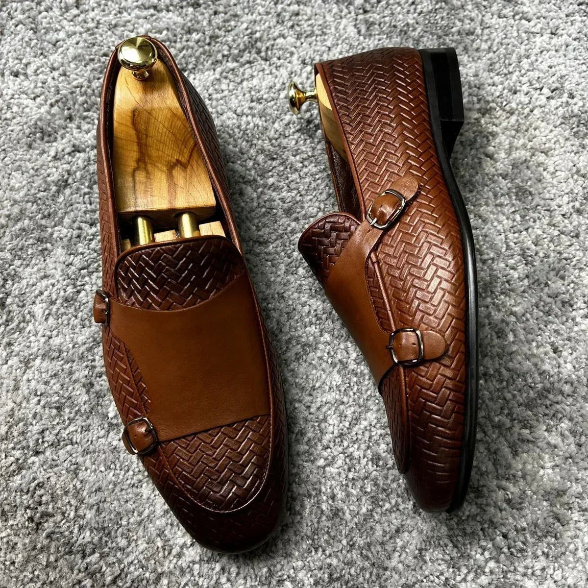 Men Loafers Shoes Brown Black Pu Breathable Double Buckle Monk Shoes Mocassins Cuir Pour Hommes  Men Shoes