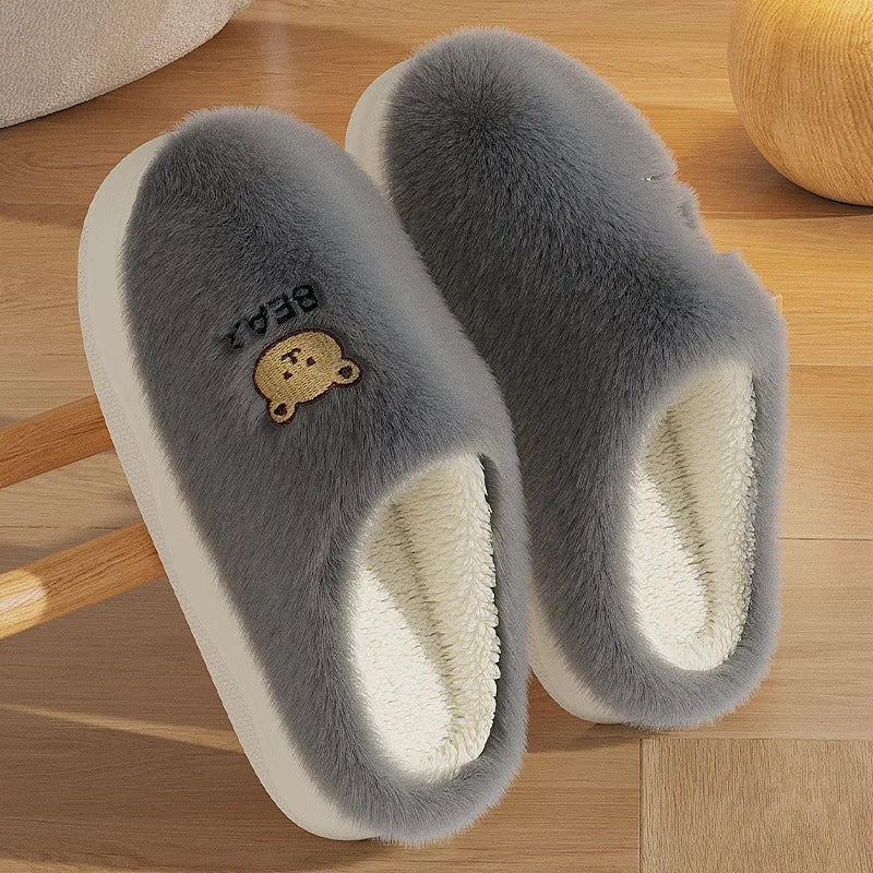 New Women Home Slippers Men Furry Indoor Bedroom Flats Warm Plush Couples Cute Cartoon Bear Winter Floor Slides Non-slip Shoes