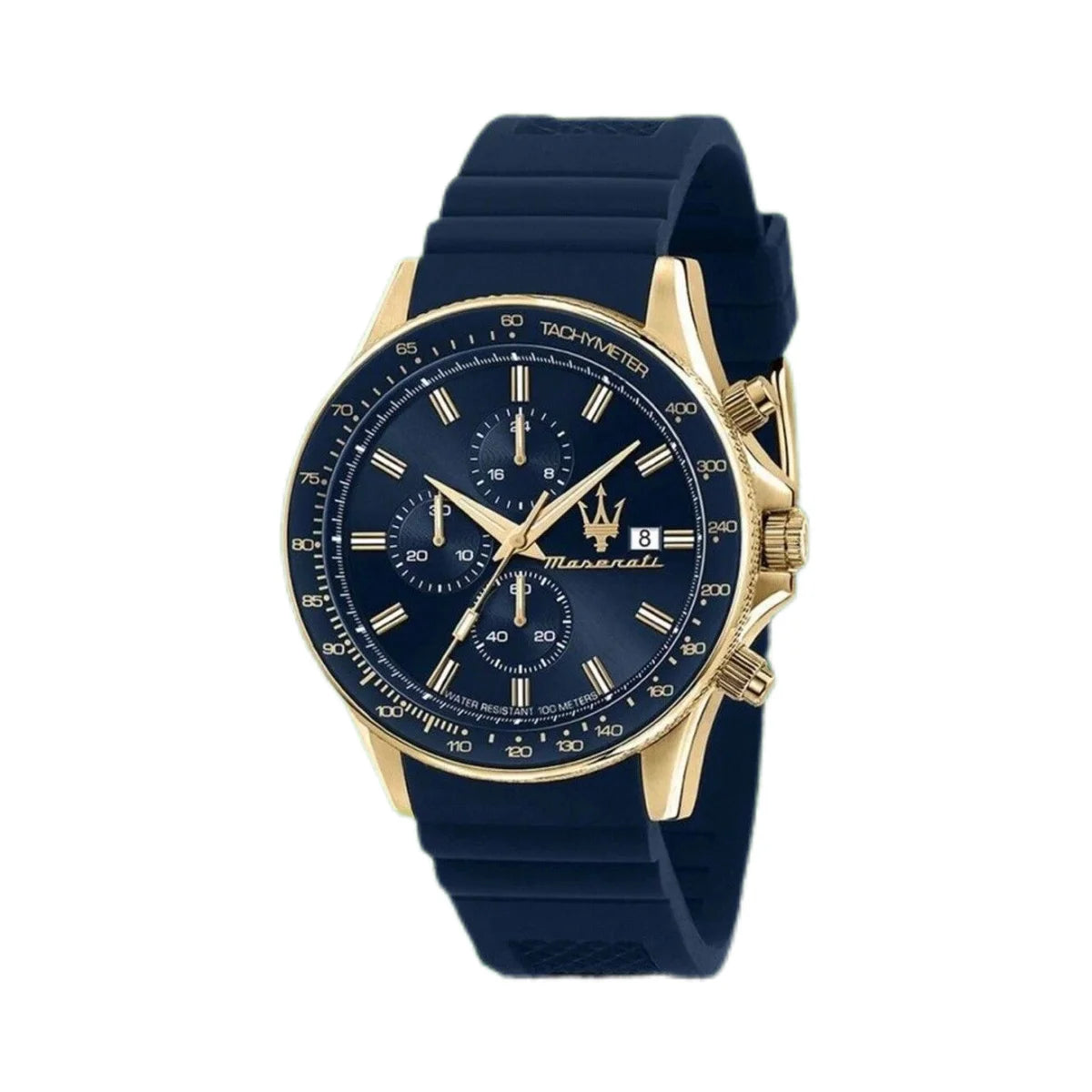 Original gold Maserati men's watch sports leisure luxury Shi Ying Europe and America large dial black silicone watch.