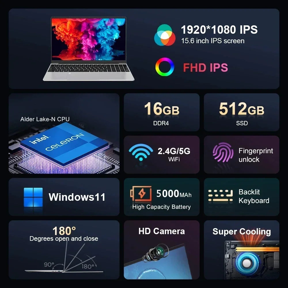 Student Office 15.6'' Eye Protection IPS Laptop 16GB RAM 11th Gen Intel Celeron N5095 Windows 11 Pro 5G WiFi Fast Shipping