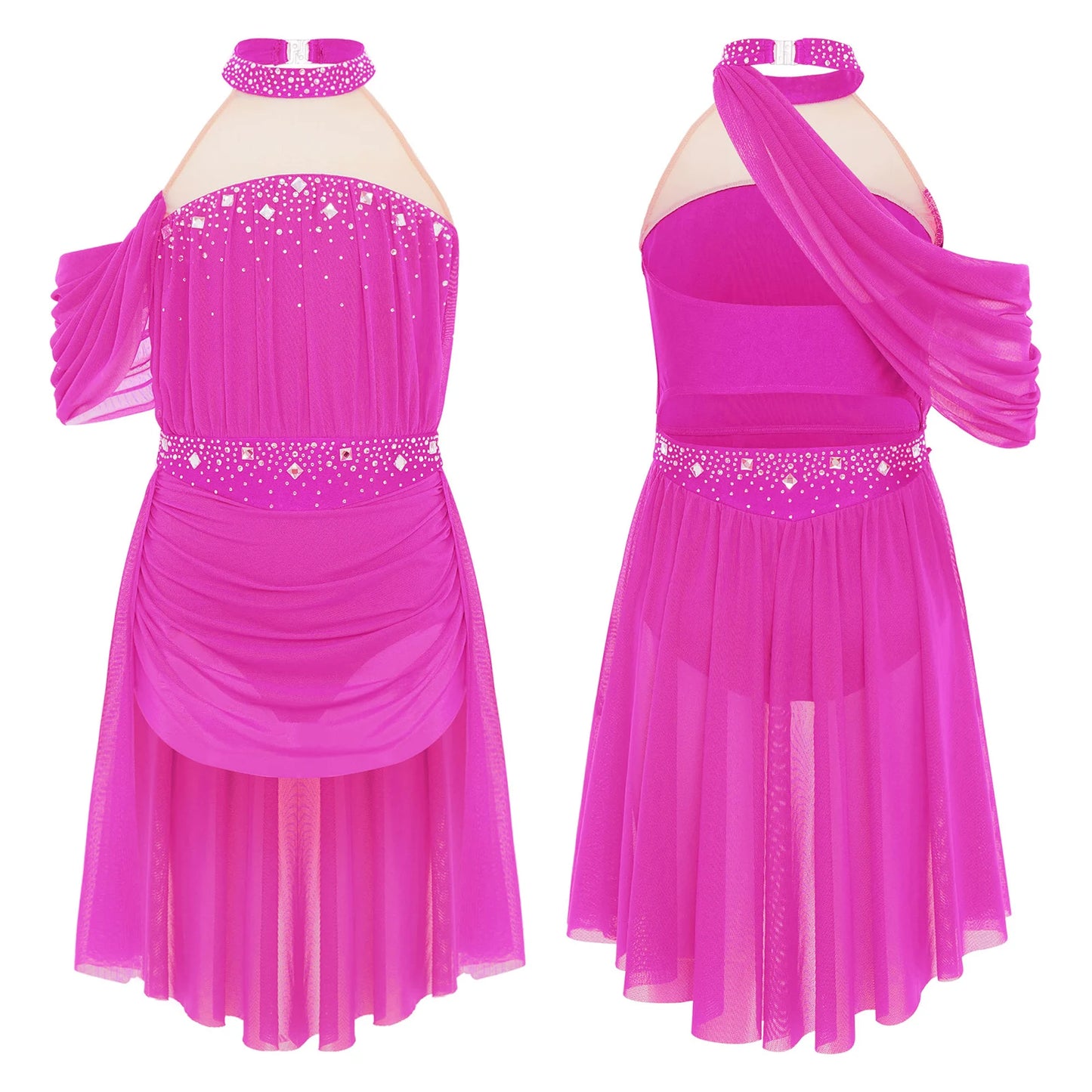 Kids Girls Lyrical Dance Leotard Dress Halter Backless Cutout Back Shiny Rhinestones Ruched Mesh Drape Dresses Modern Dancewear