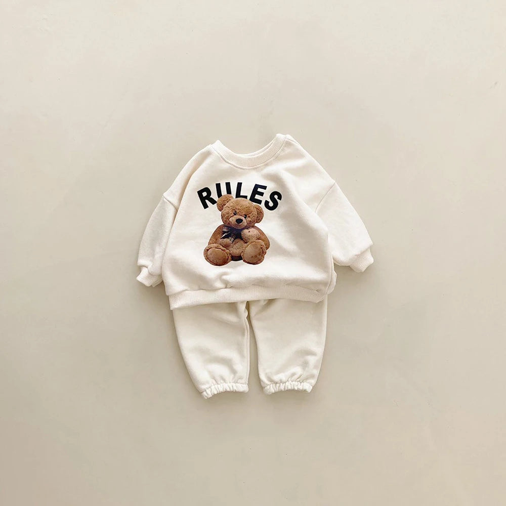 Korean 1-4Y Boys Outfit Set Toddler Girls Clothes Set Fashion Sweatshirt Tops +White Pants Spring Cartoon Bear Kids Clothes Suit