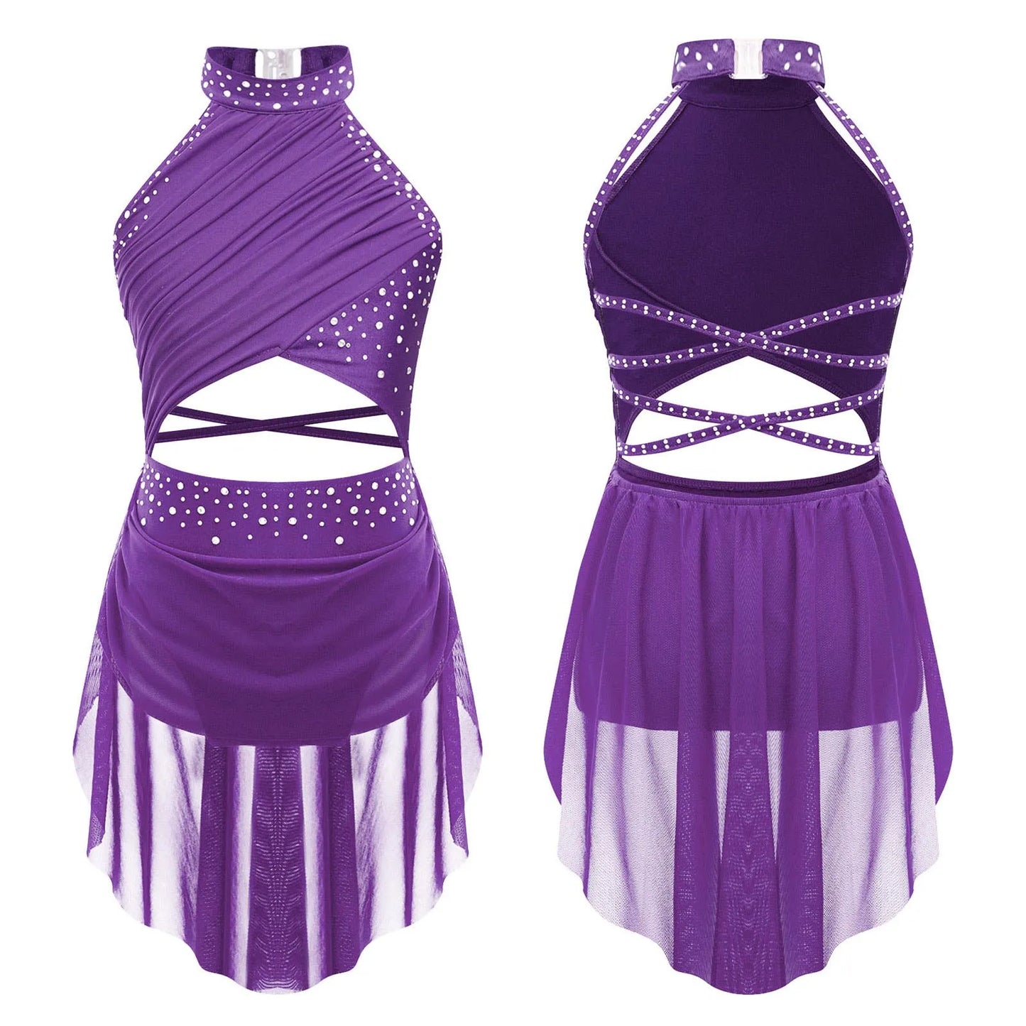Kids Girls Lyrical Dance Leotard Dress Halter Backless Cutout Back Shiny Rhinestones Ruched Mesh Drape Dresses Modern Dancewear