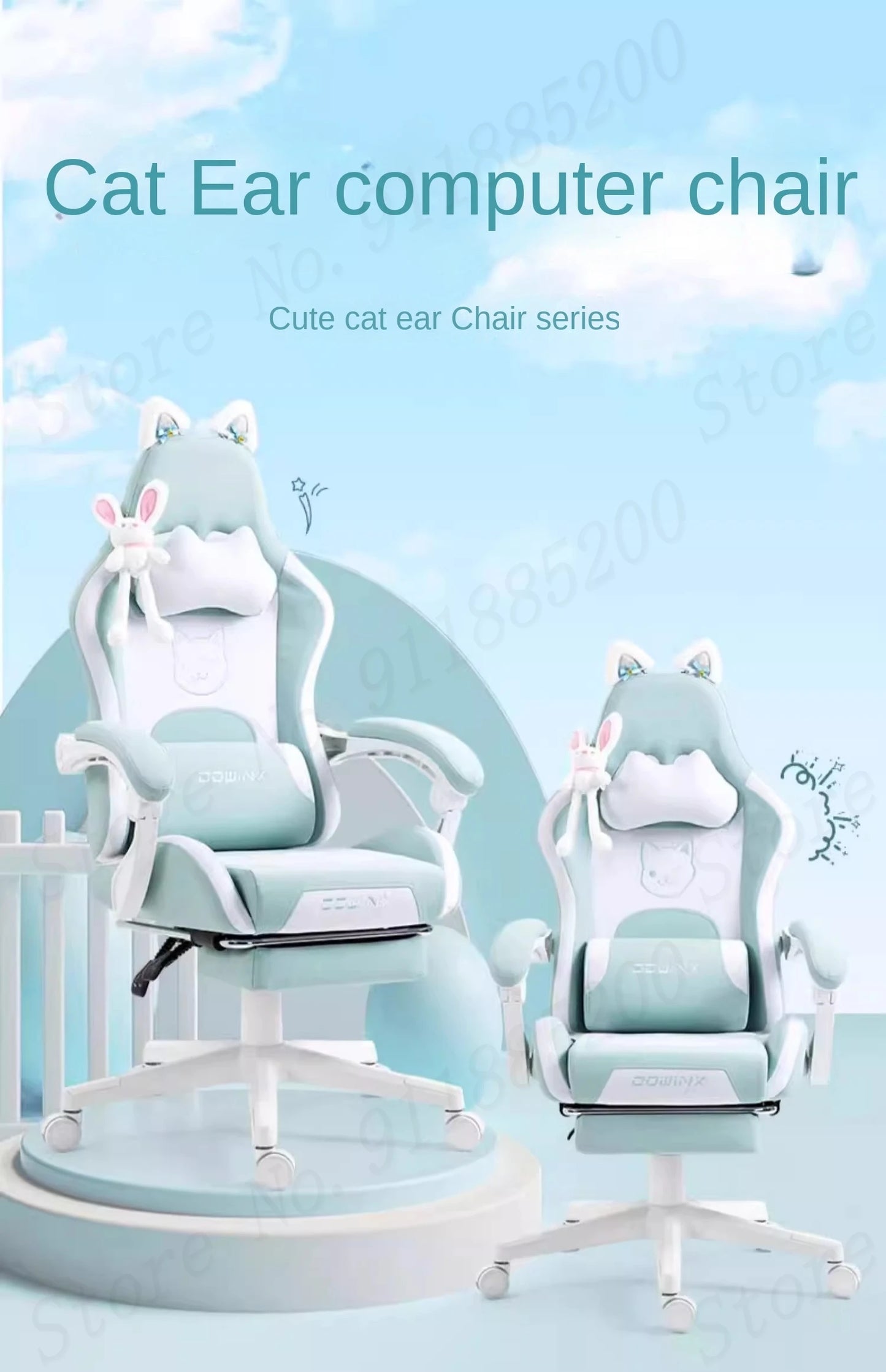 Cat-ear Computer Chair Girls Home Office Gaming Chair Comfortable Back 135° Adjustable Bedroom Student Linkage Armrest Chair