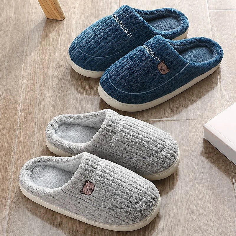 New Women Home Slippers Men Furry Indoor Bedroom Flats Warm Plush Couples Cute Cartoon Bear Winter Floor Slides Non-slip Shoes