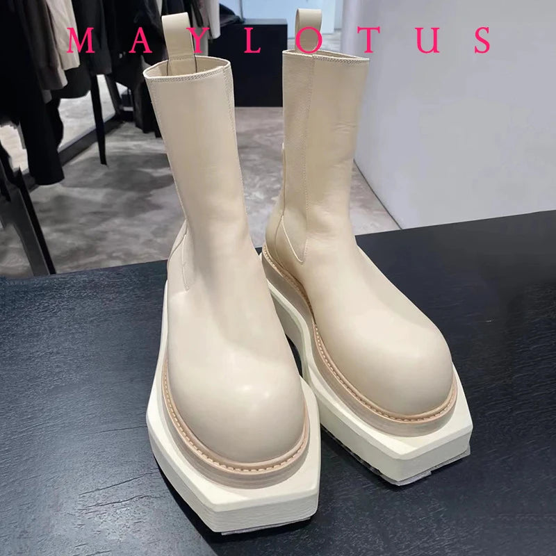 Chelsea Boots Women Cow Leather Square Toe Fashion Slip On Thick Sole Block Heel Ladies Flat Shoes Winter Ankle Boots