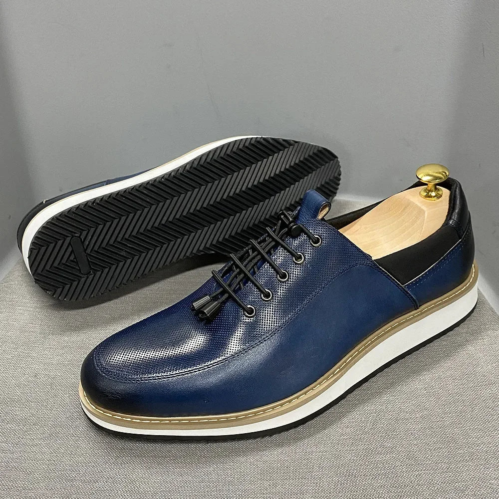 Men's Casual Fashion Shoes 2022 High-Quality Genuine Leather Lace-Up Luxury Sneakers Blue/Black Breathable Flat Oxfords