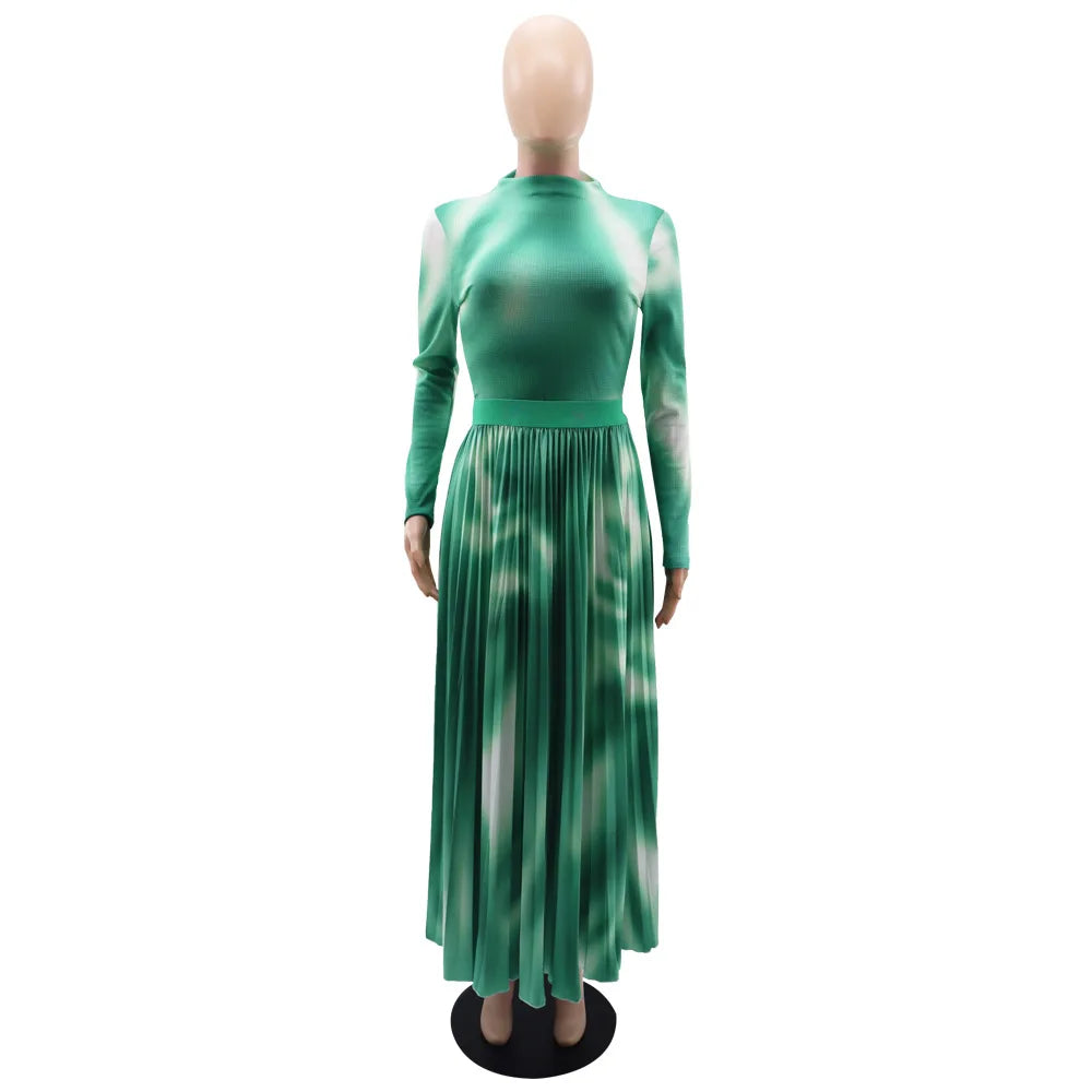 2 Piece Sets Womens Outfits Fashion Waffle Long Sleeved Pullover Short Top Elegant Pleated Skirt Tie Dye Autumn Two-Piece Set