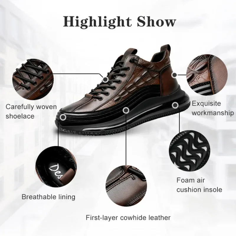 Men's winter thick bottom casual shoes light luxury fashion Air Cushion Cowhide Crocodile Print Sneakers Height Lifting Non-Slip