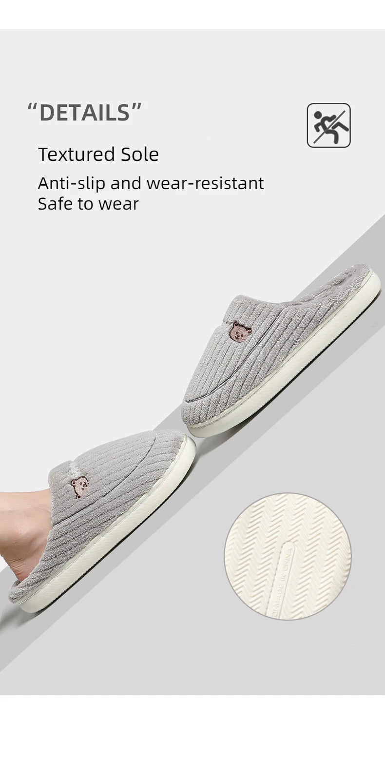 New Women Home Slippers Men Furry Indoor Bedroom Flats Warm Plush Couples Cute Cartoon Bear Winter Floor Slides Non-slip Shoes
