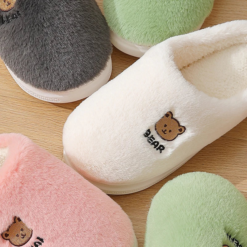 New Women Home Slippers Men Furry Indoor Bedroom Flats Warm Plush Couples Cute Cartoon Bear Winter Floor Slides Non-slip Shoes