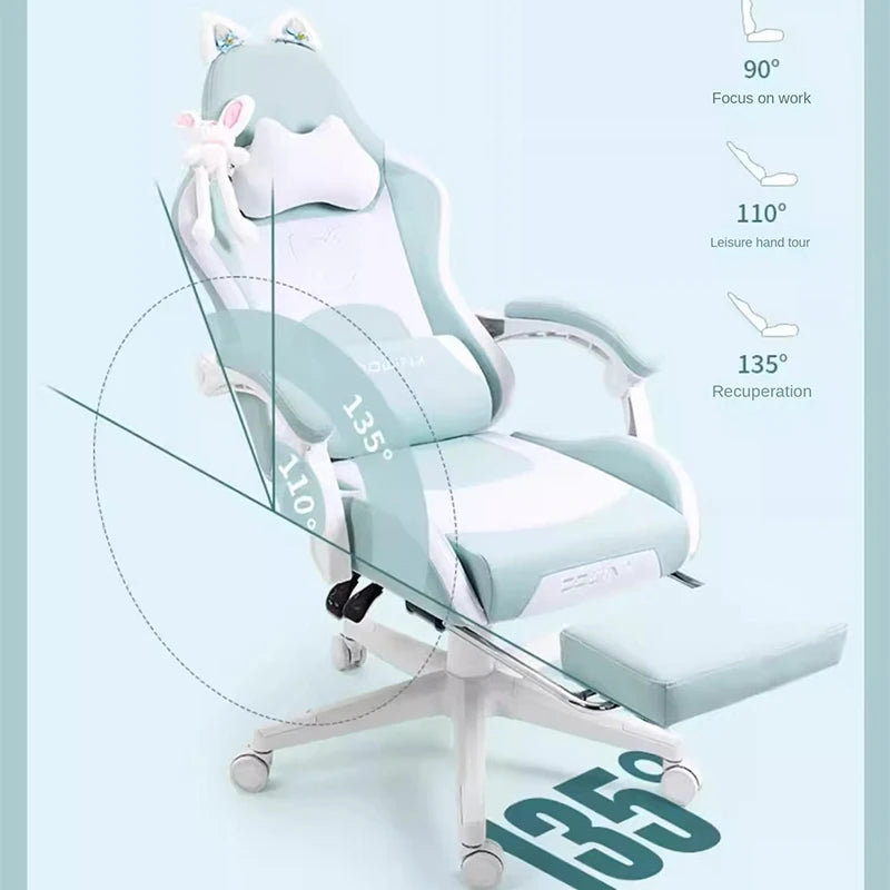 Cat-ear Computer Chair Girls Home Office Gaming Chair Comfortable Back 135° Adjustable Bedroom Student Linkage Armrest Chair