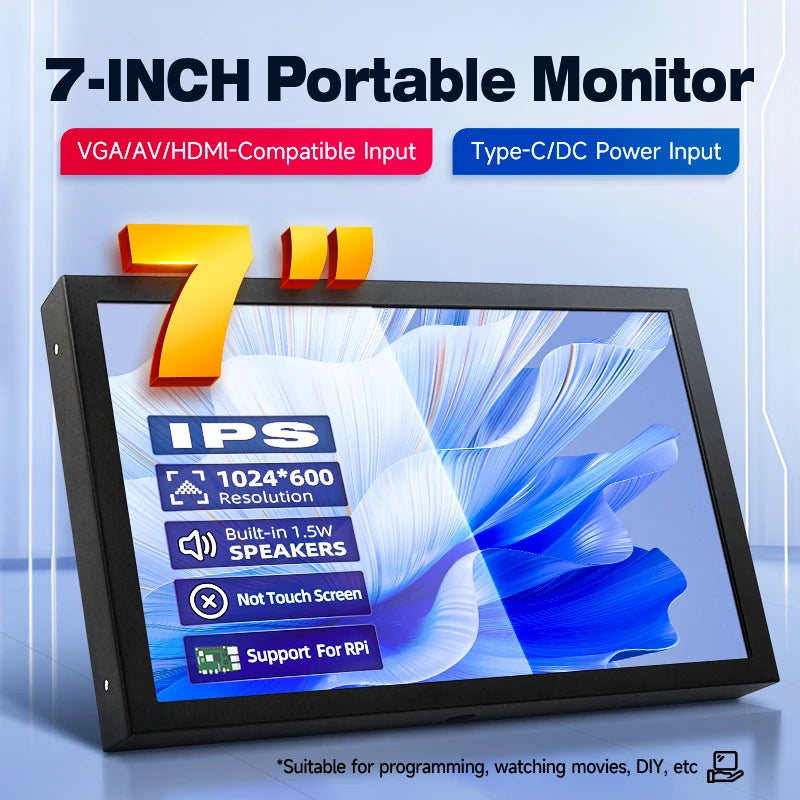 7 Inch Portable Display IPS 1024x600 LCD HDMI-compatible VGA AV Input DC Type C Power In for PC Laptop Camera TV Box DVD Screen