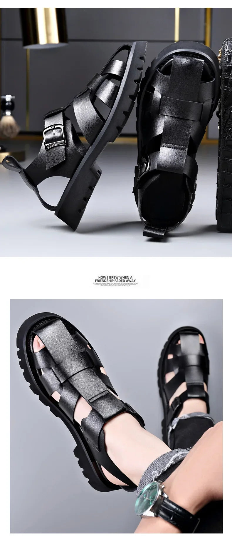 Men Sandals Cow Leather Roman Sandals for Men Summer Designer Platform Shoes Male Fashion Casual Black Sandals Man